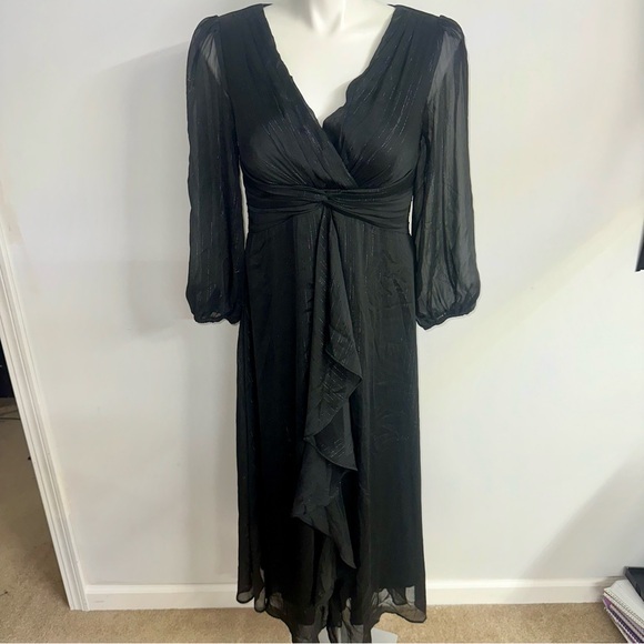 Black Ruffled Tiered Gown with V-Neck and Bishop Sleeves - Picture 1 of 10
